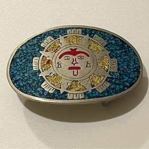 Vintage 70s Mayan Calendar Crushed Azurite and Pyrite Belt Buckle, Mexican